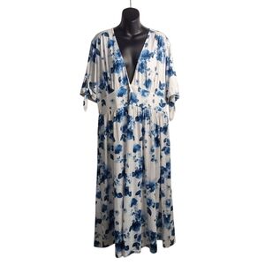 Rebdolls Women Dress Plus Size 1X Blue White Foral V-neck Shortsleeve Stretch